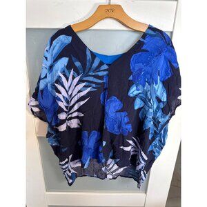 Donnakaran Sleepwear Womens Floral Navy Blue/Blue Tropical Kaftan Top L    45-37